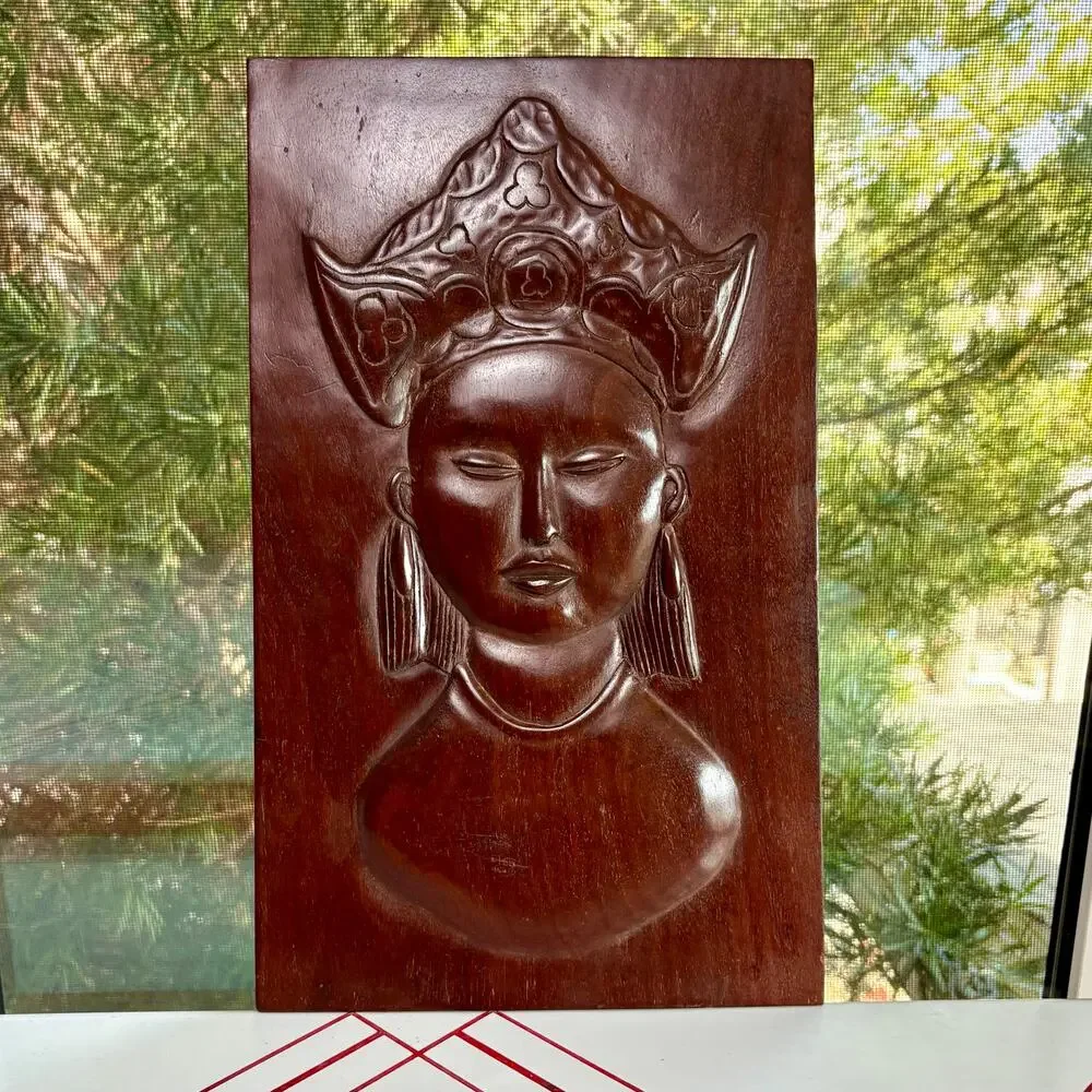 Vintage Haitian Hand Carved Wood Wall Plaque Featuring Zen Buddha Style Woman